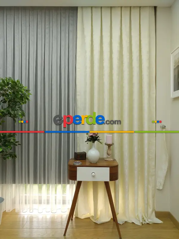 Açık Krem Renk Jakar Desenli Fon Perde- Krem Açık