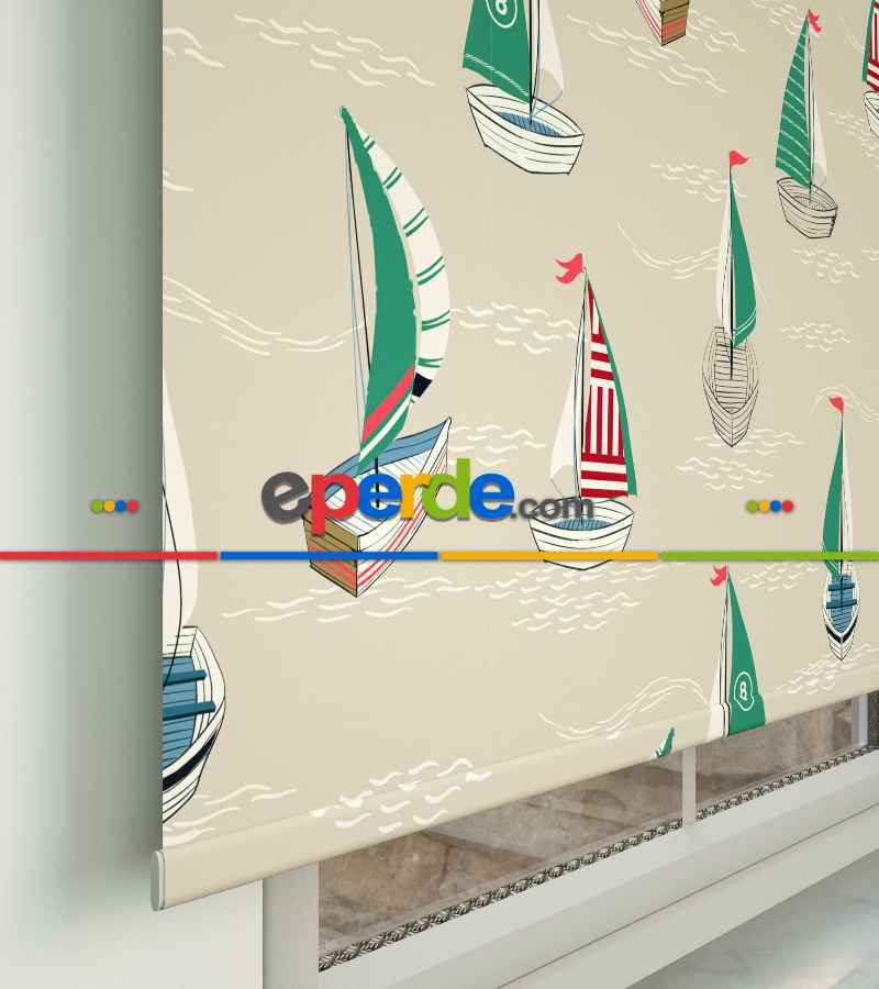 Genç Odası - Denizci Desenli Baskılı Stor Perde- Yeşil-kırmızı-çok Renkli