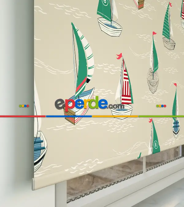 Denizci Desenli Baskılı Stor Perde- Yeşil-kırmızı-çok Renkli