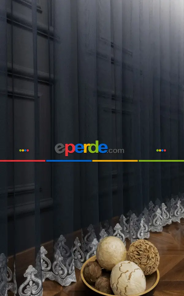 Salon Tül - Koyu Lacivert Renk Etek Nakışlı Geçişli Tül Perde- Petrol Mavisi