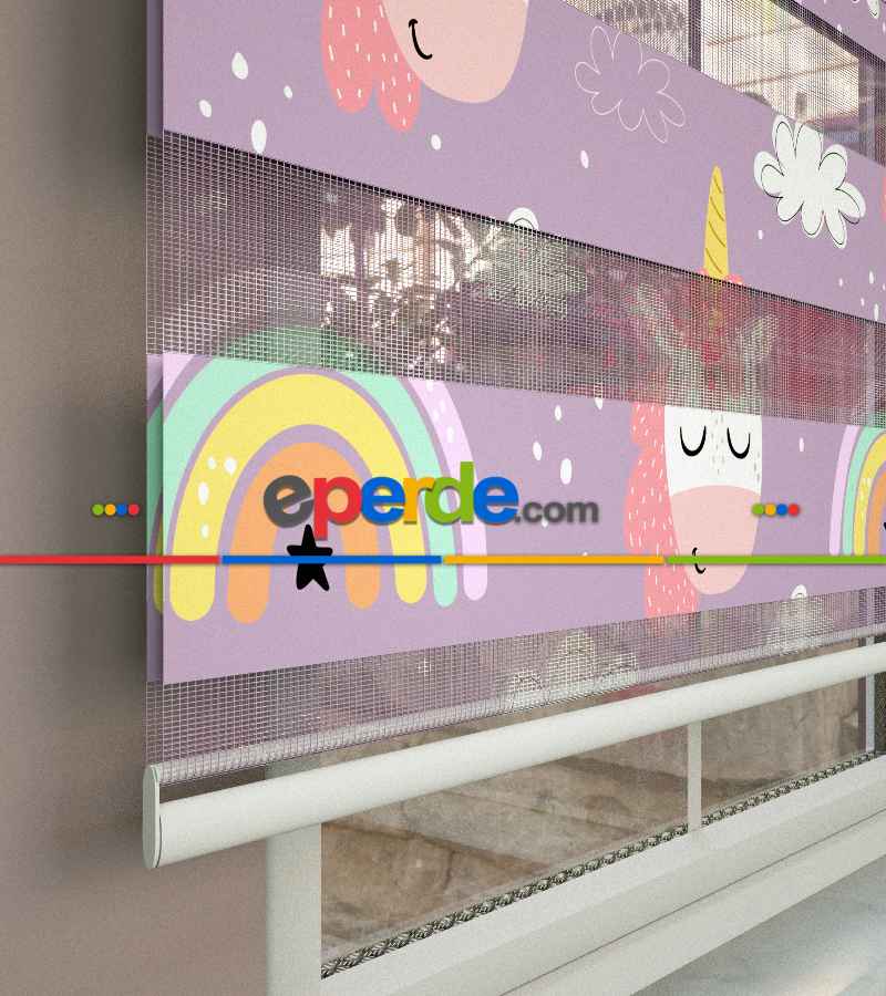 Unicorn Desenli Baskılı Zebra Perde- Çok Renkli