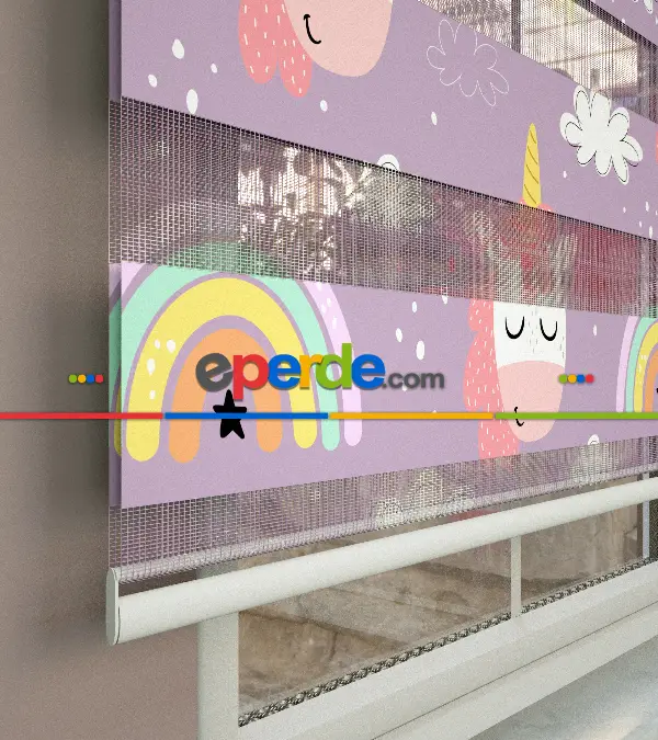 Unicorn Desenli Baskılı Zebra Perde- Çok Renkli
