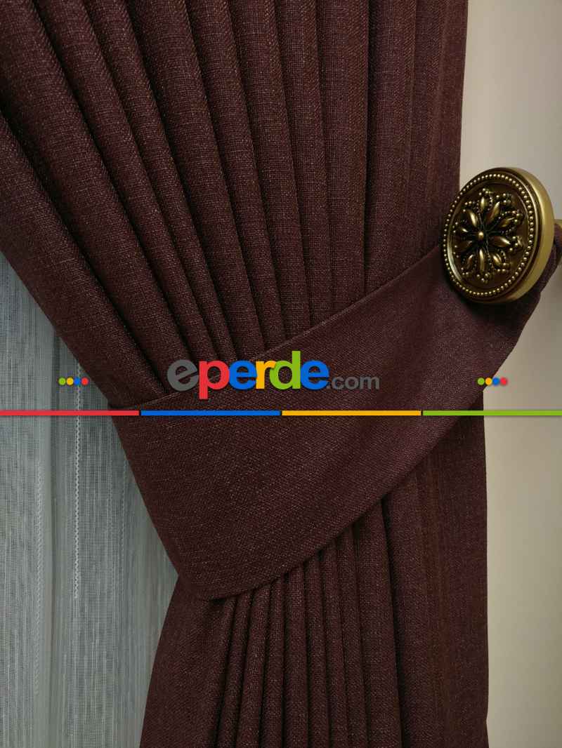 Keten Kahve Renk Düz Fon Perde