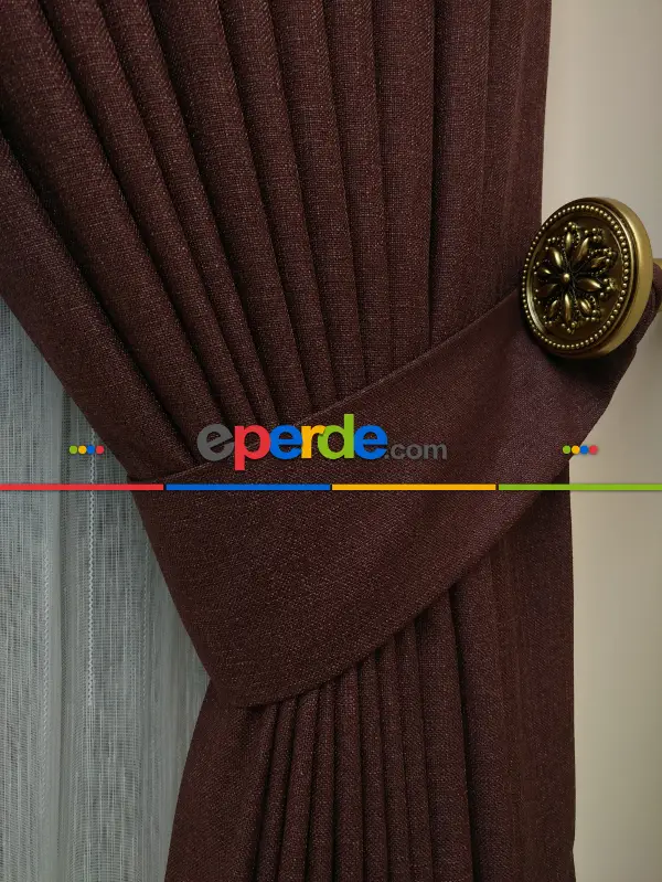 Salon Fon Perde - Keten Bordo Renk Düz Fon Perde- Kiremit Rengi