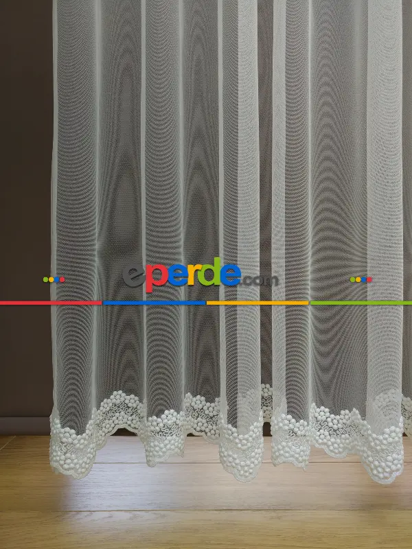 Ekru Tül Perde Etek Ucu Nakış İşlemeli Grek Düz Zemin- Ekru