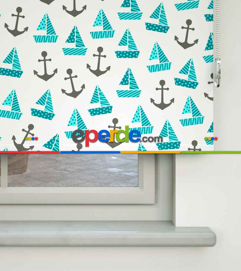 Bebek Odası Stor Perde - Denizci Desenli Baskılı Stor Perde- Çok Renkli