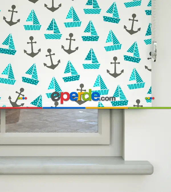 Bebek Odası Stor Perde - Denizci Desenli Baskılı Stor Perde- Çok Renkli