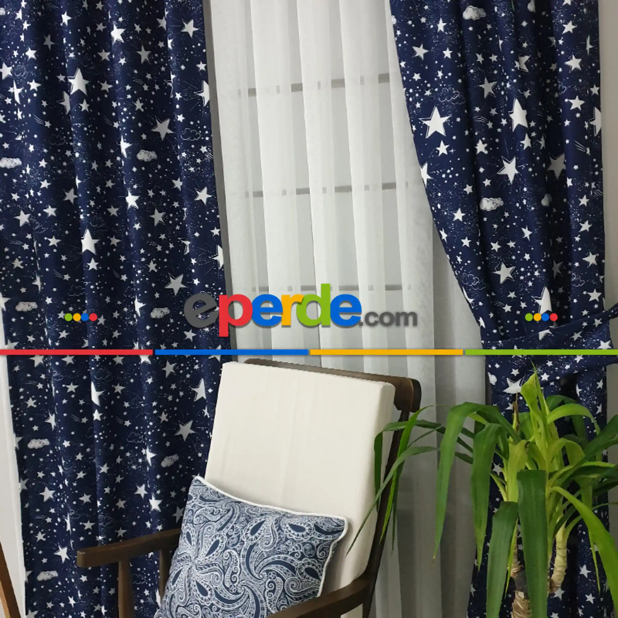 Bebek Odası Fon - Lacivert Yıldız Desenli Fon Perde Evm639 Kumaşı Kalındır Duck Bezi Değildir- Lacivert