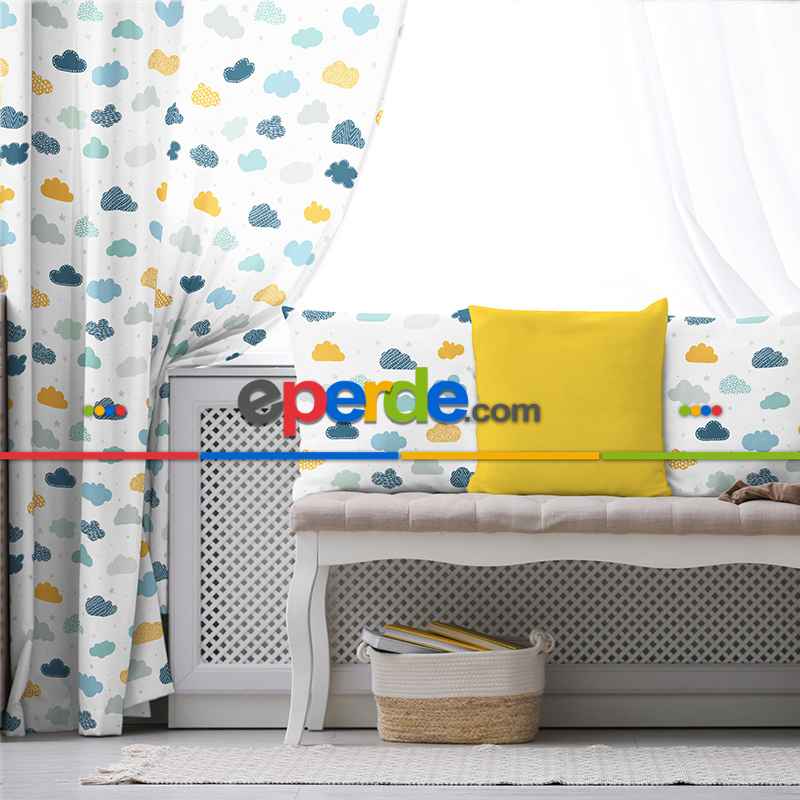 Bulut Desenli Fon Perde Evim809 Kumaşı Kalındır Duck Bezi Değildir- Mavi-beyaz