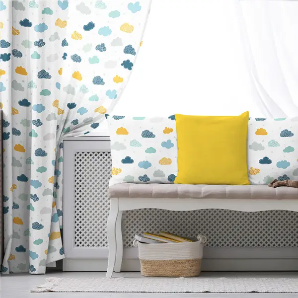 Çocuk Odası - Bulut Desenli Fon Perde Evim809 Kumaşı Kalındır Duck Bezi Değildir- Mavi-beyaz