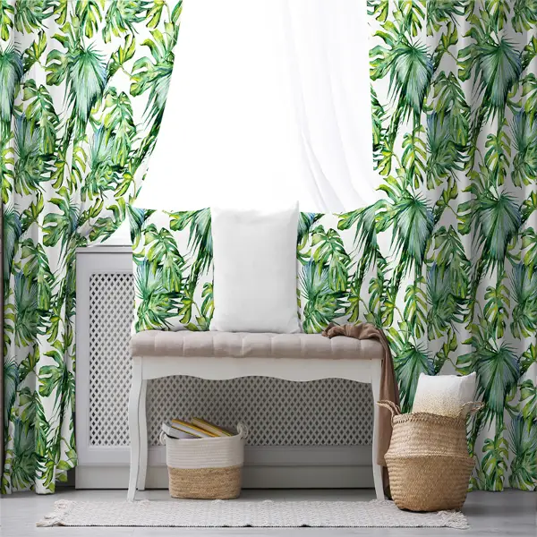 Tropikal Yaprak Desenli Fon Perde Evim226 Kumaşı Kalındır Duck Bezi Değildir- Mavi-beyaz