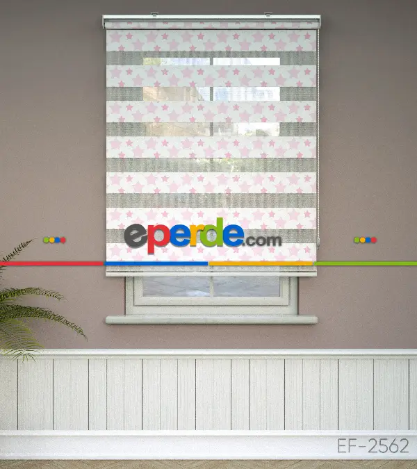 Pembe Yıldız Desenli Baskılı Zebra Perde