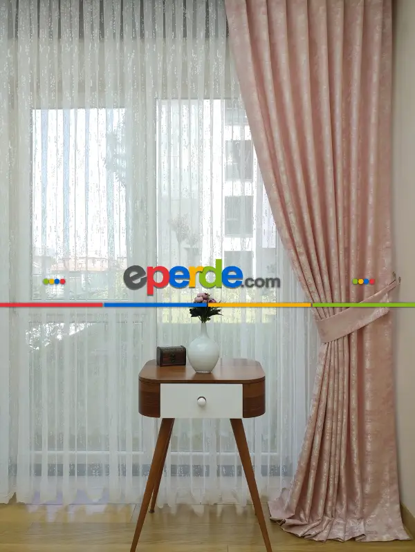 Patinedesenli Pudra - Katyonik Jakar Fon Perde- Pudra