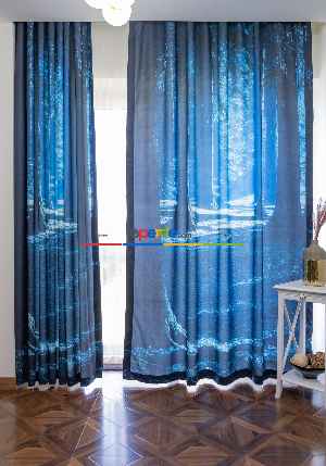 Hazır Ölçülü Dökümlü Kumaştan Orman Manzaralı Baskılı Pilesiz Fon Perde 1. Kalite