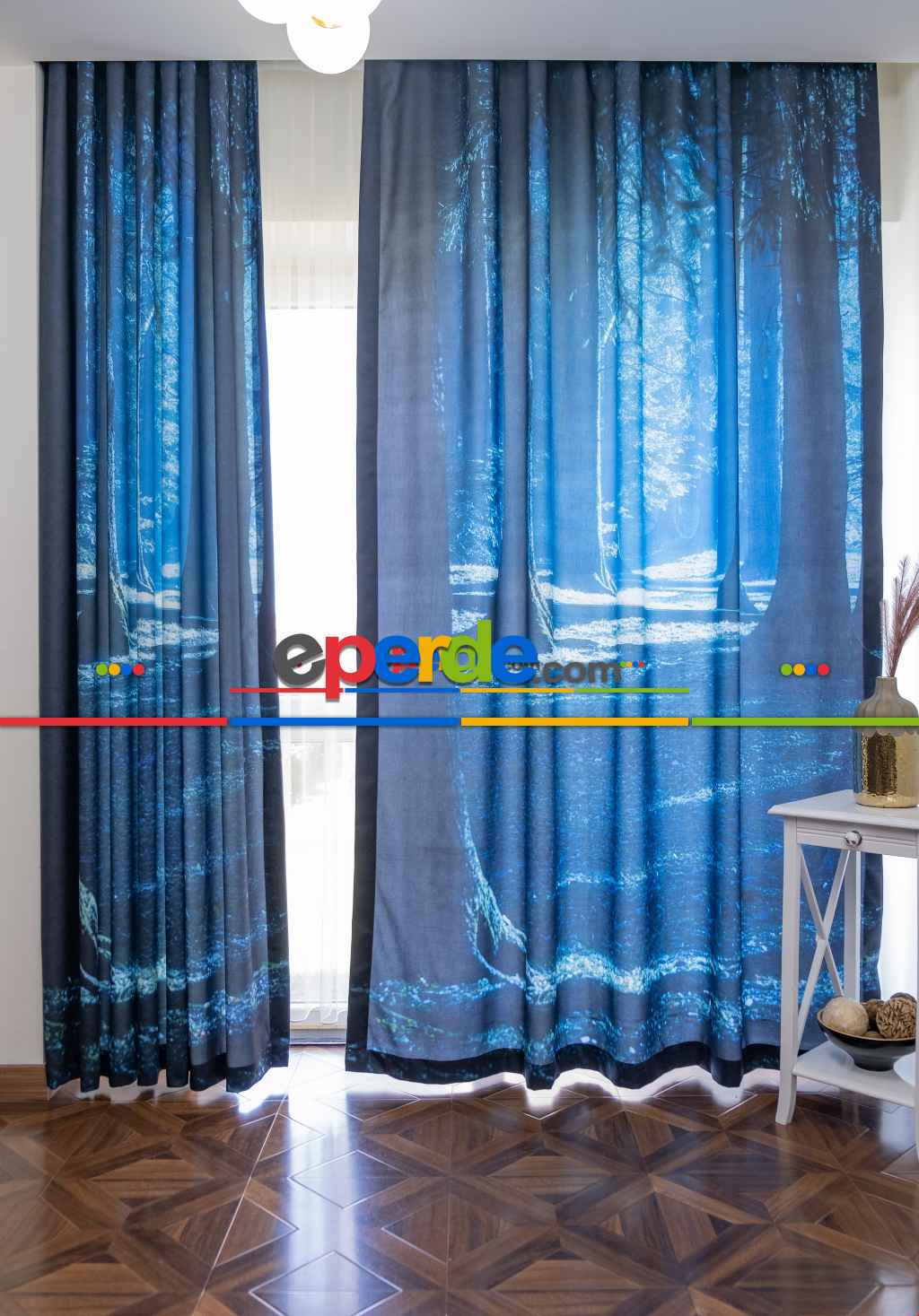 Hazır Ölçülü Dökümlü Kumaştan Orman Manzaralı Baskılı Pilesiz Fon Perde 1. Kalite