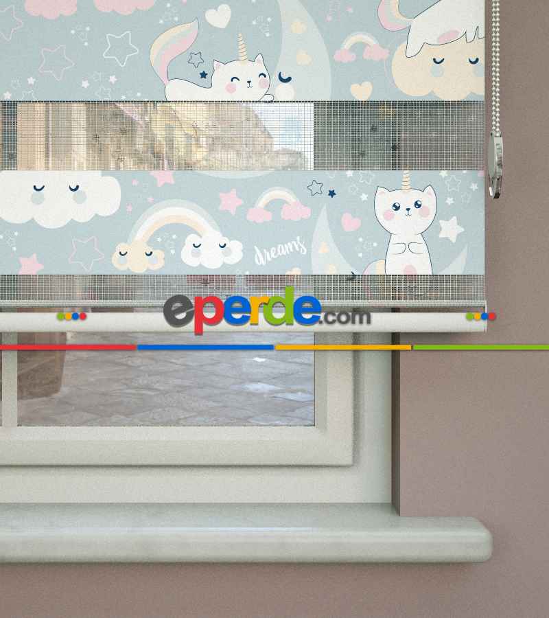 Çocuk Odası - Unicorn Desenli Baskılı Zebra Perde- Çok Renkli