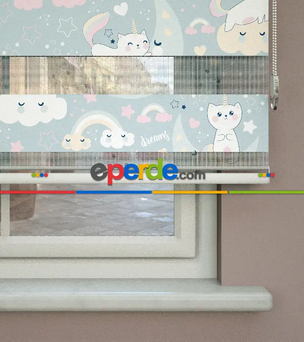 Unicorn Desenli Baskılı Zebra Perde- Çok Renkli