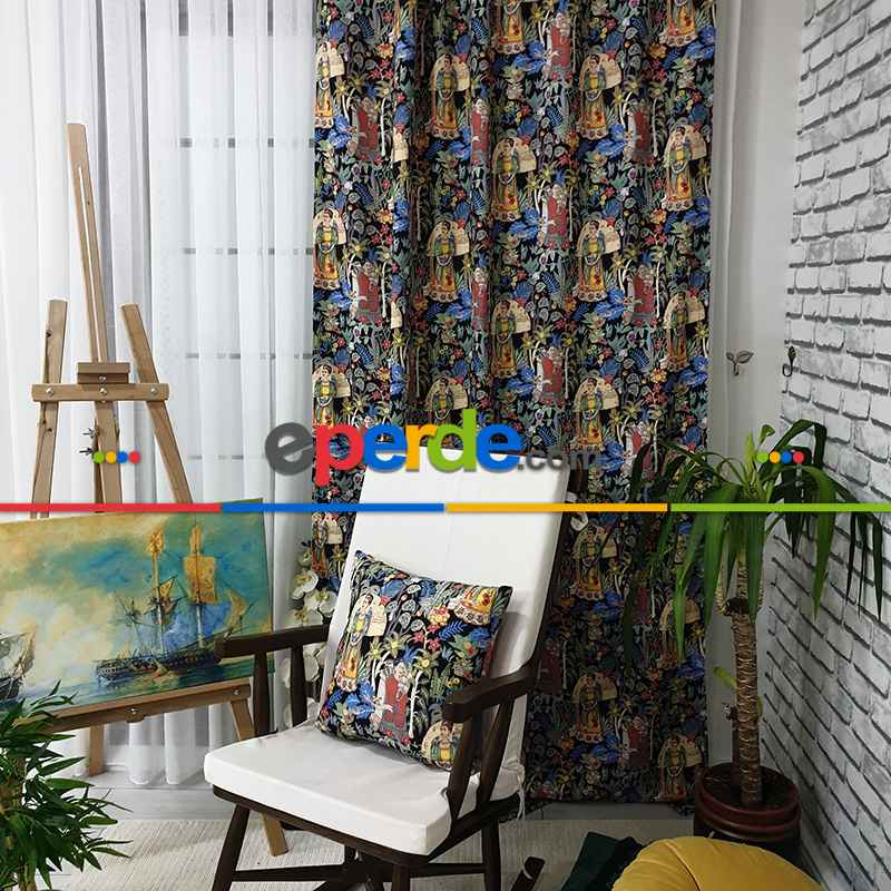 Popart Desenli Fon Perde Evmpopart4 Kumaşı Kalındır Duck Bezi Değildir- Çok Renkli 2