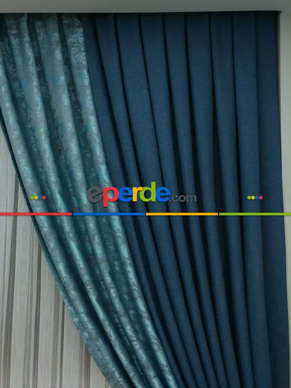 Mavi Lacivert Renk Kombinli Desenli Fon Perde- Lacivert-mavi