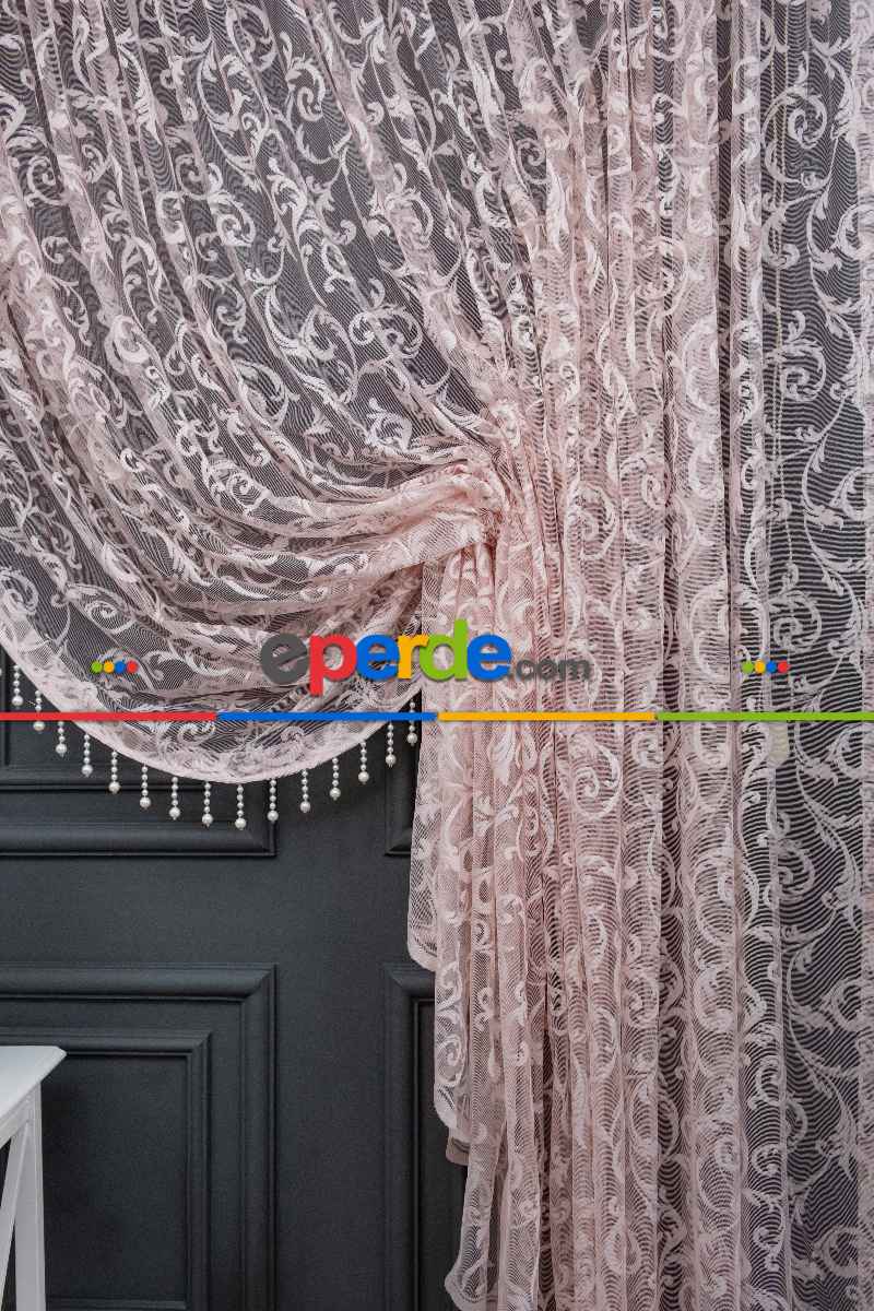 Pudra Pembe Sarmaşık Desen Şal Model Tül Kruvaze Yanki Tül