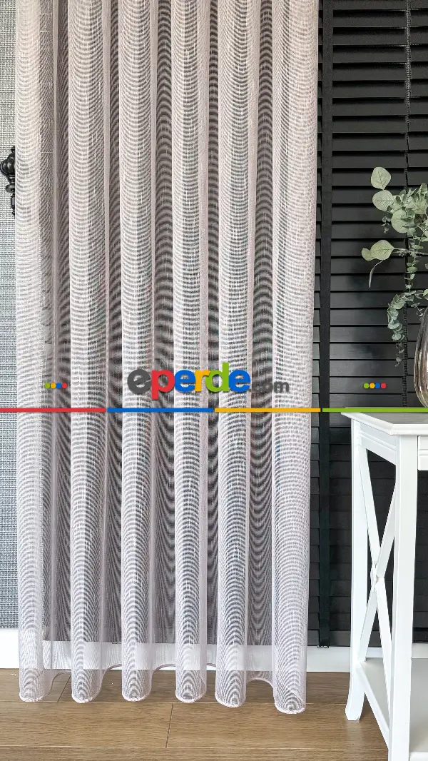 Bebek Odası Tül Perde - Pudra Pembe Çizgili Naturel Keten Düz Tül Perde - Premium Kalite Serisi, Eteği Kurşunlu Tül