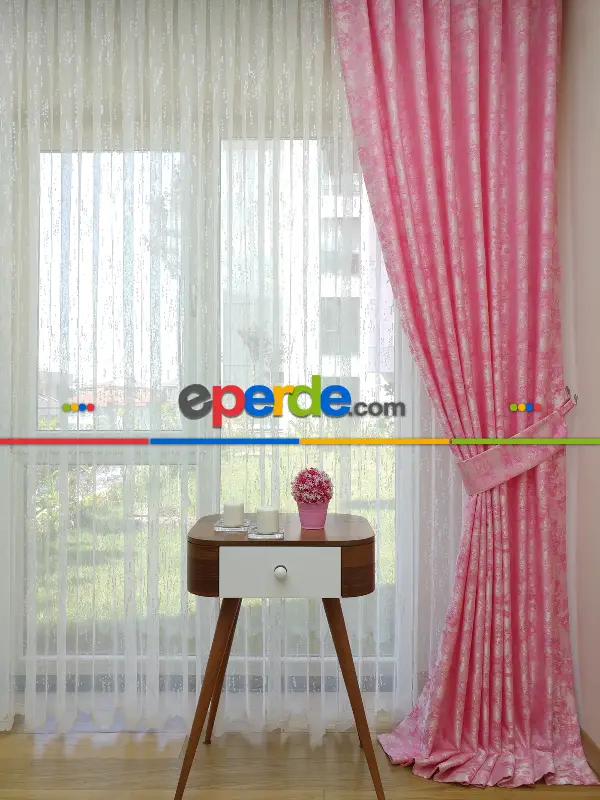 Patinedesenli Pembe - Katyonik Jakar Fon Perde- Pembe