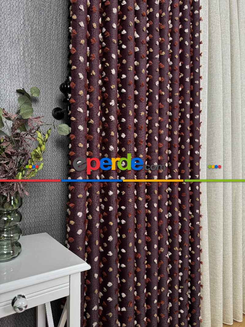 Oturma Odası - Bordo Ponponlu Jakar Dokuma, Premium Kalite Serisi Fon Perde