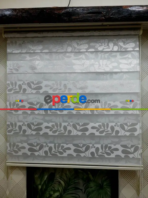 Mutfak - Yapraklı Zebra Perde- Beyaz