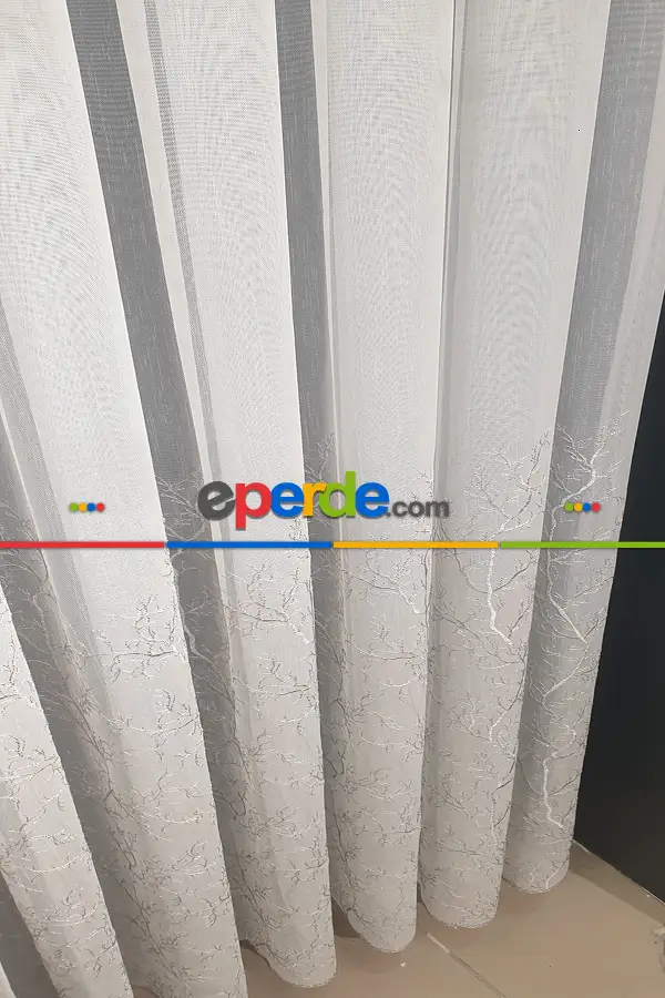 Salon - Selvi Ağaç Desenli İşlemeli Tül Perde - Açık Krem