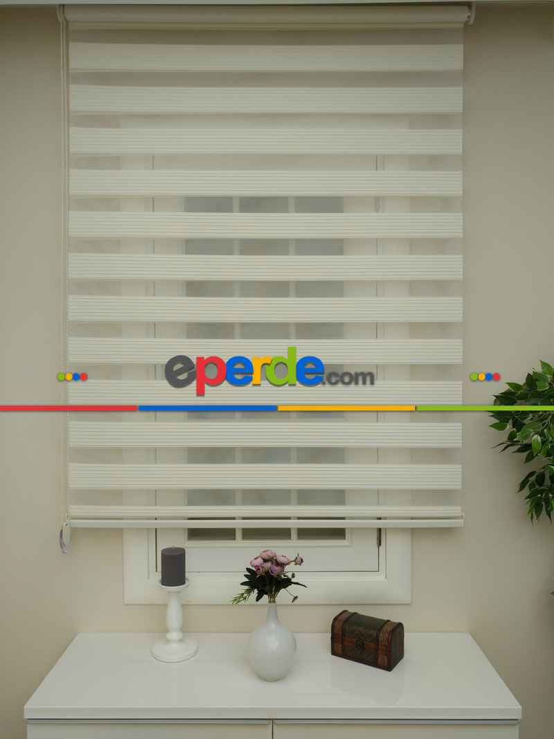 Mutfak - Krem - Ekru Renk Plise Zebra Perde (kalın Zeminli)- Krem Açık-ekru