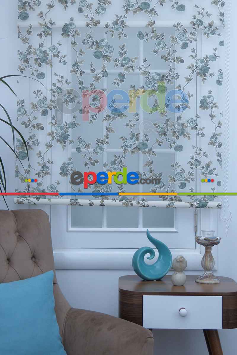 Çiçek Desenli Yakma Tül Çiftli Sistem İkili Perde Turkuaz- Turkuaz