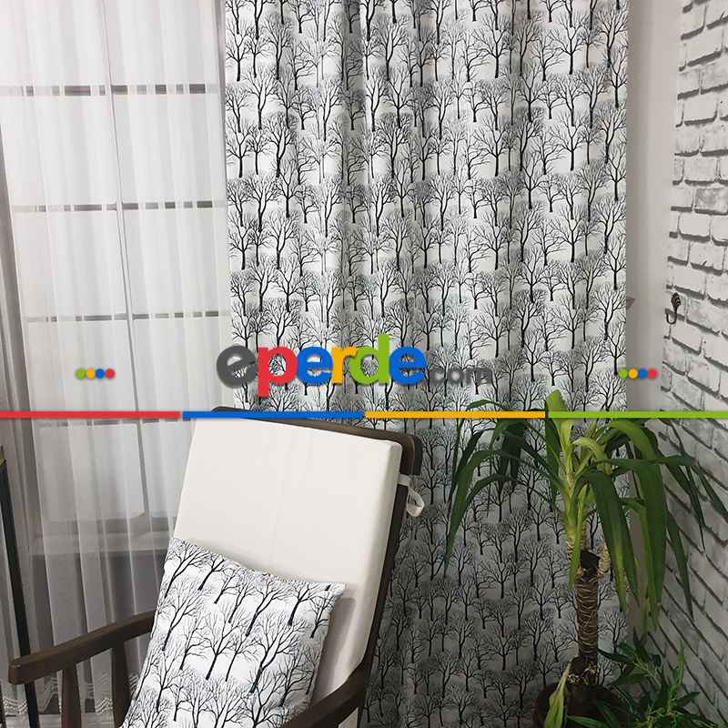 Siyah Mutfak Perdesi Kanat Fon Perde  Ağaç Desenli- Siyah