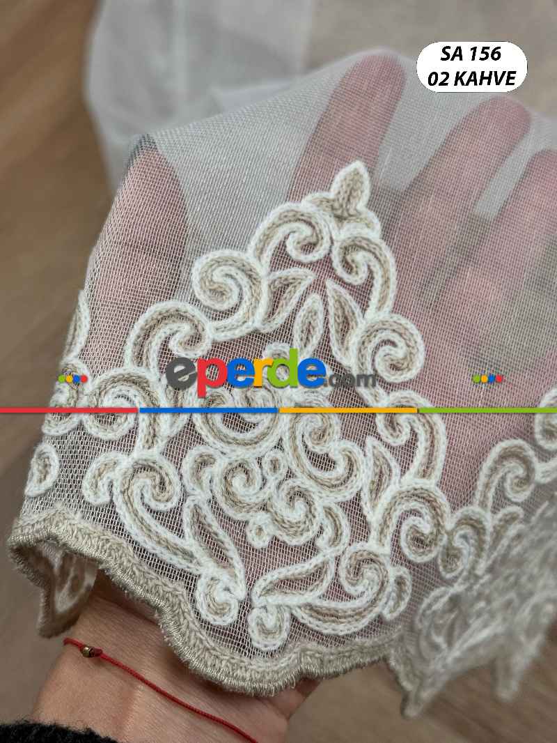 Oturma Odası - Etek Ucu Damask Nakışlı Düz Tül Perde, Özel Dokuma Premium Seri