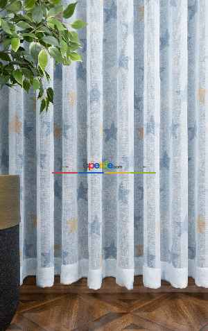 Fırsat Ürünü!! Mavi Renkli Yıldız Desenli 1. Kalite Keten Zemin Baskılı Tül Perde - Erkek Çocuk Odası