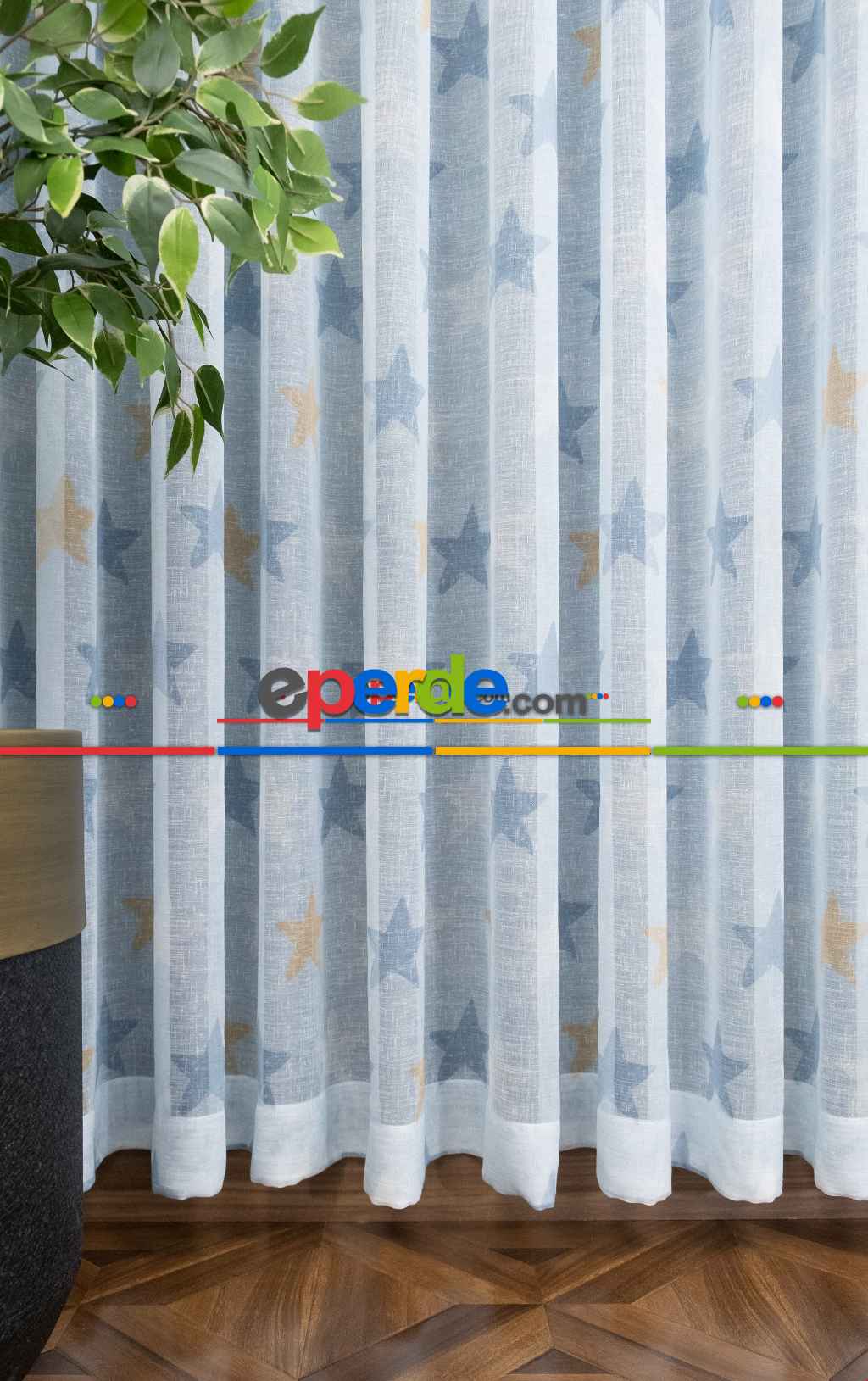 Fırsat Ürünü!! Mavi Renkli Yıldız Desenli 1. Kalite Keten Zemin Baskılı Tül Perde - Erkek Çocuk Odası