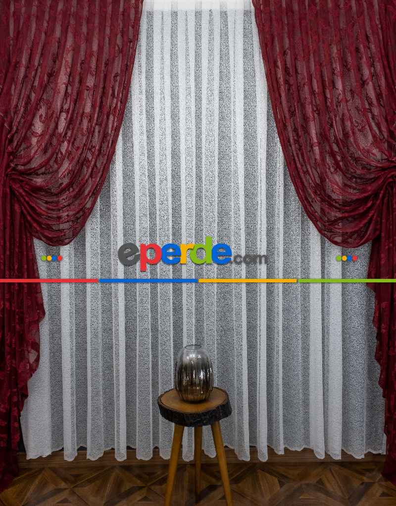 Tül Fon Koyu Renk Bordo Büzgülü Tasarım Fon Perde- Bordo 70cm X 275cm 