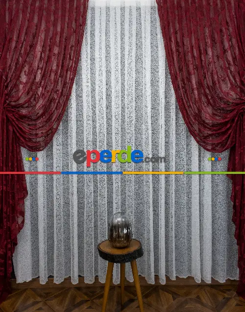 Tül Fon Koyu Renk Bordo Büzgülü Tasarım Fon Perde- Bordo 70cm X 275cm 