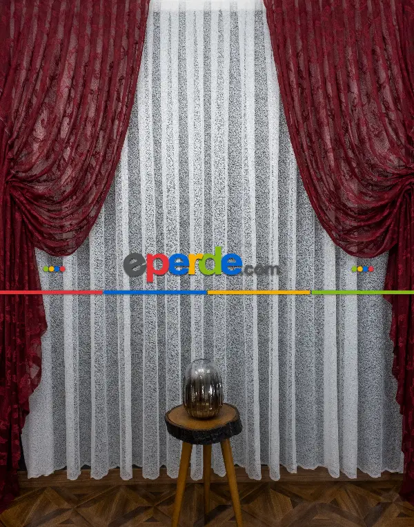Tül Fon Koyu Renk Bordo Büzgülü Tasarım Fon Perde- Bordo 70cm X 275cm 