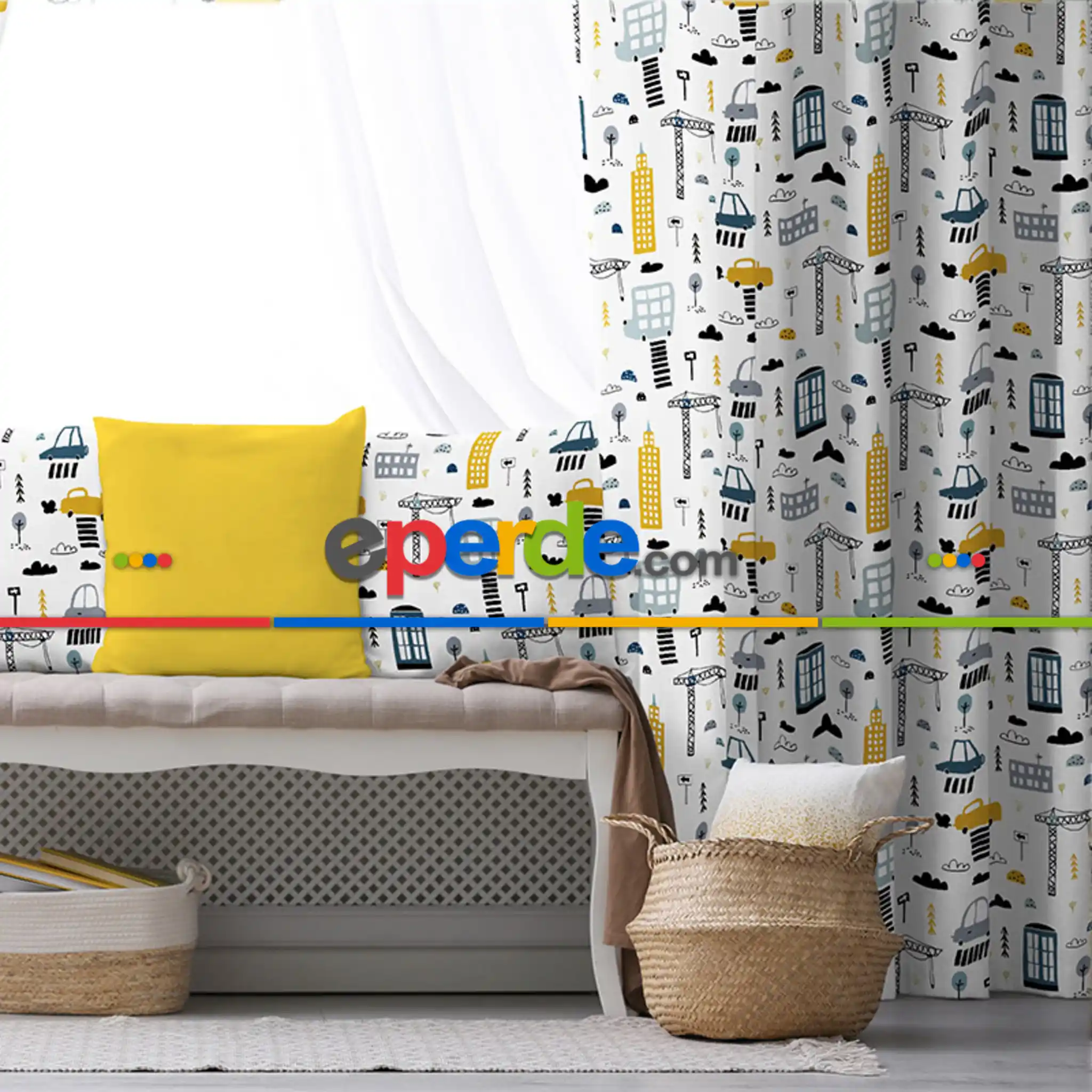 Çocuk Desenli Fon Perde Evim858 Kumaşı Kalındır Duck Bezi Değildir- Mavi-beyaz