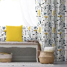 Erkek Çocuk ve Bebek Odası Fon Perde - Desenli - Gri Sarı