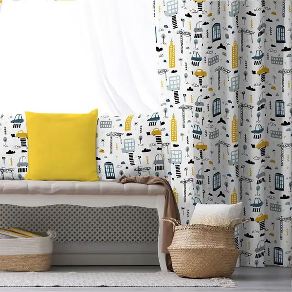 Erkek Çocuk ve Bebek Odası Fon Perde - Desenli - Gri Sarı
