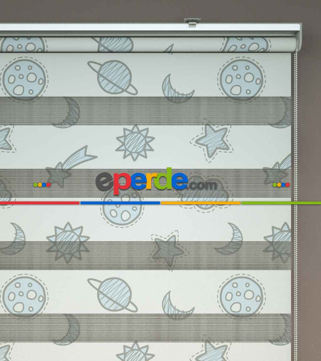 Gezegen Desenli Baskılı Zebra Perde- Çok Renkli