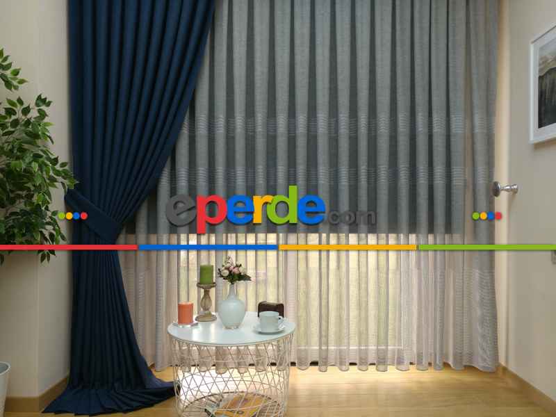 Keten Lacivert Renk Düz Fon Perde- Lacivert