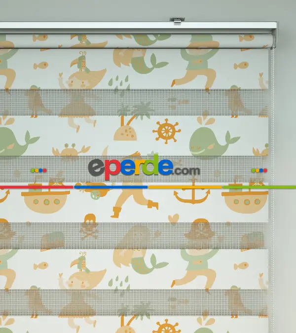 Korsan Baskılı Zebra Perde- Sarı-beyaz-yeşil Sarı Turuncu