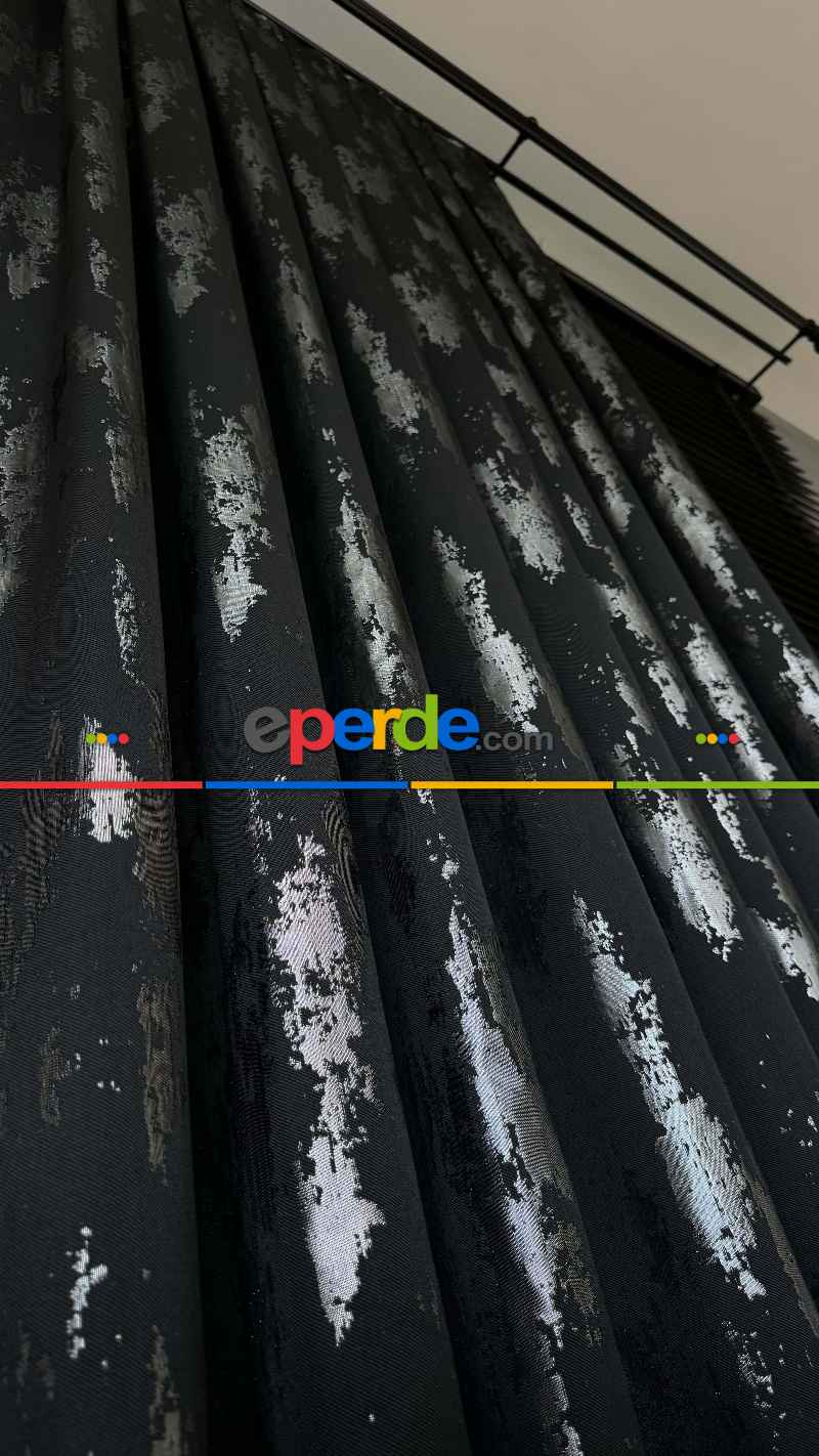 Qashe Marka Siyah Gümüş Fon Perde, Patine Desenli Jakar Dokuma Fon Perde - Ağır Gramajlı Premium Seri
