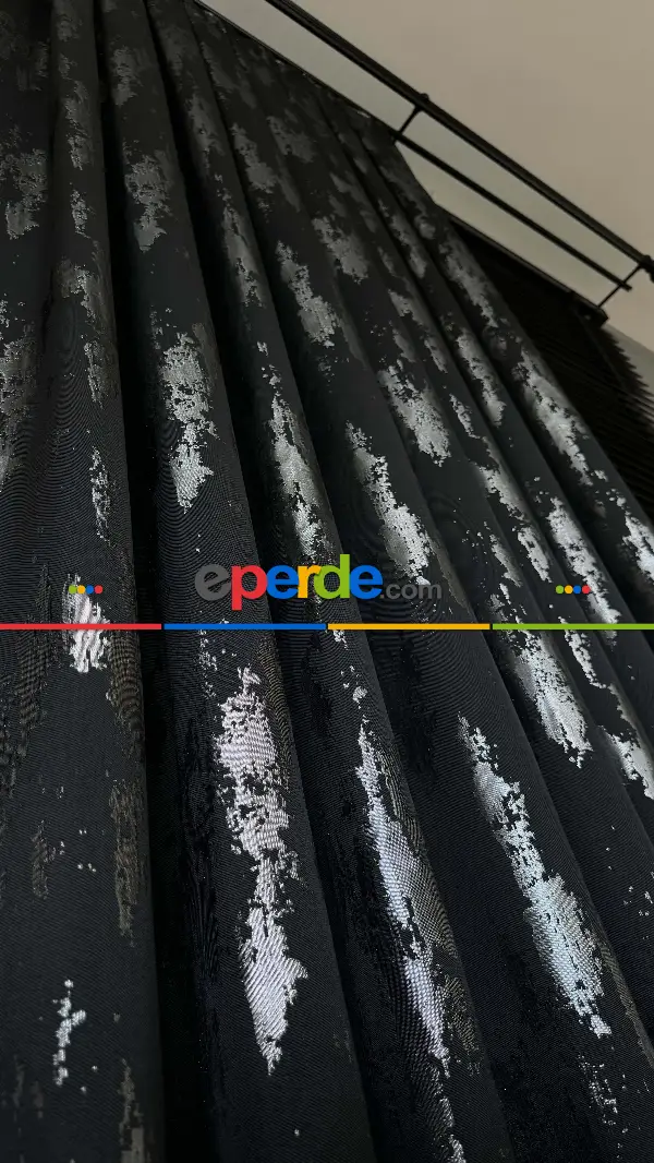 Qashe Marka Siyah Gümüş Fon Perde, Patine Desenli Jakar Dokuma Fon Perde - Ağır Gramajlı Premium Seri