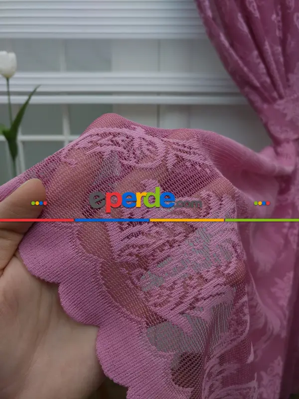 Tül Fon Perde- Gül Kurusu Damask Desenli- Gül Kurusu