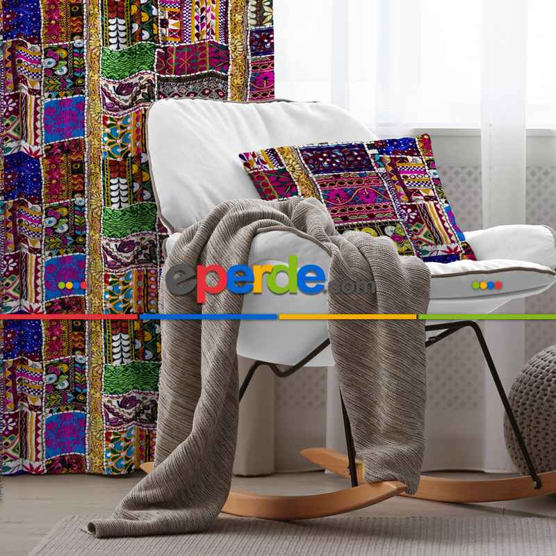 Etnik Kilim Desenli Fon Perde Evim553 Kumaşı Kalındır Duck Bezi Değildir- Mavi-beyaz