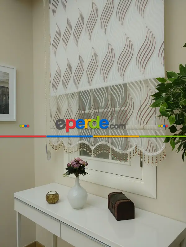 Yakma Çizgili Desenli Çiftli Sistem Tül Stor Perde- Kahverengi