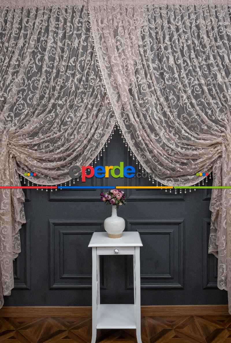 Vizon Bej Açık Kahverenk Renk Desen Şal Model Tül Kruvaze Yanki Tül